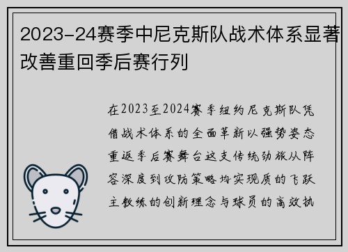 2023-24赛季中尼克斯队战术体系显著改善重回季后赛行列